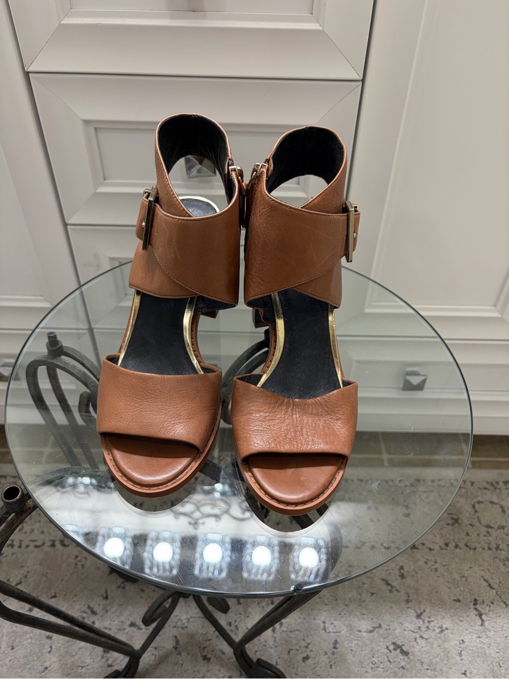 Kenneth Cole Leather Block Heel Sandals Cognac Brown Size 9